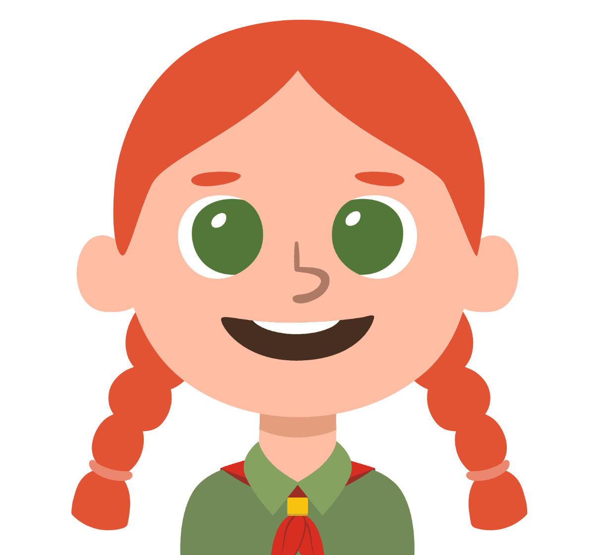 A smiling camper, with orange hair and green eyes.