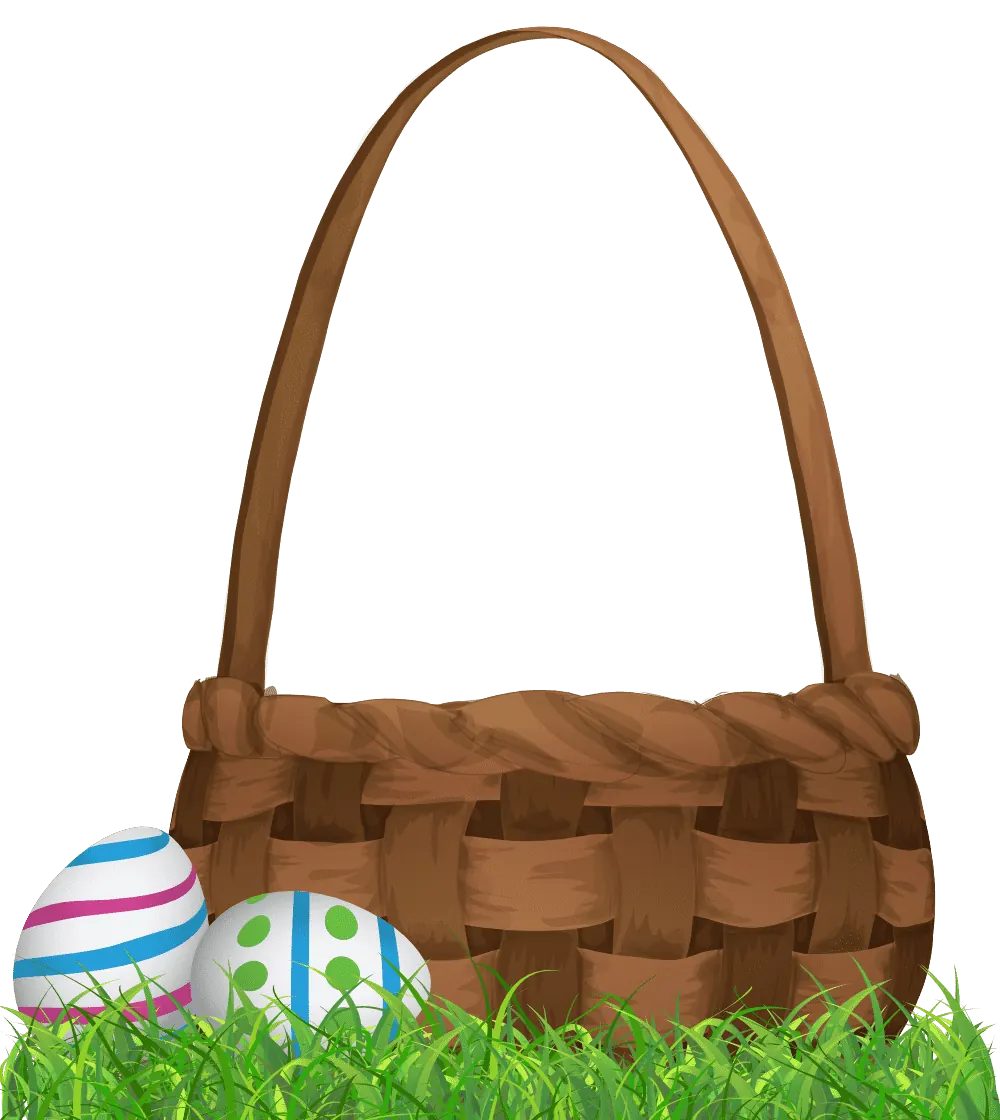 An empty wicker basket, with painted eggs leaning against it.