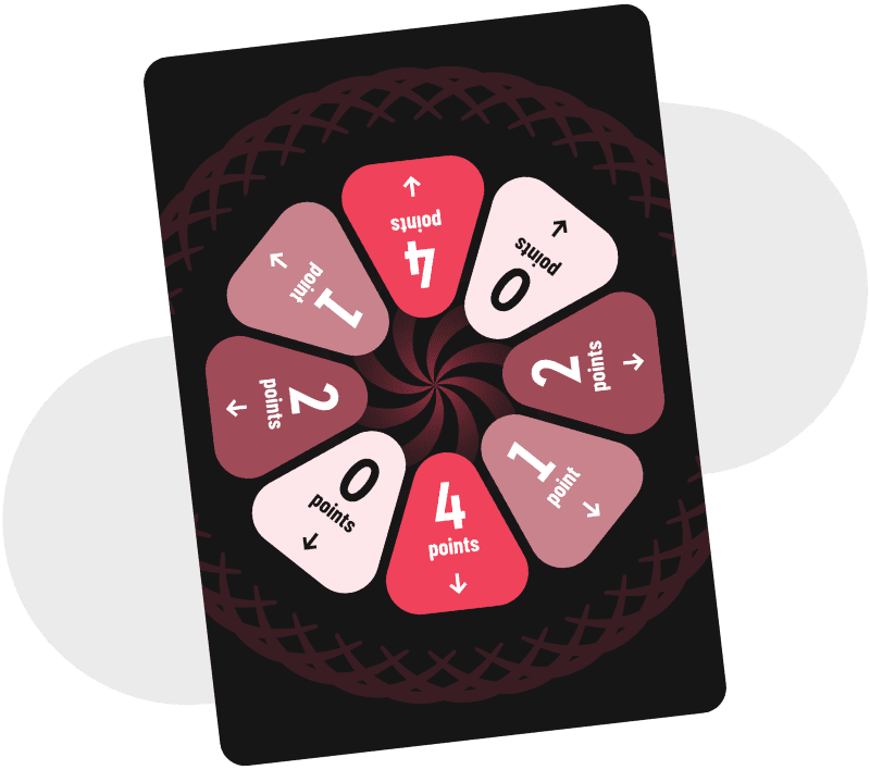 The game card, showing 8 rounded triangles in a circle. The triangles have varying points from 0–4.