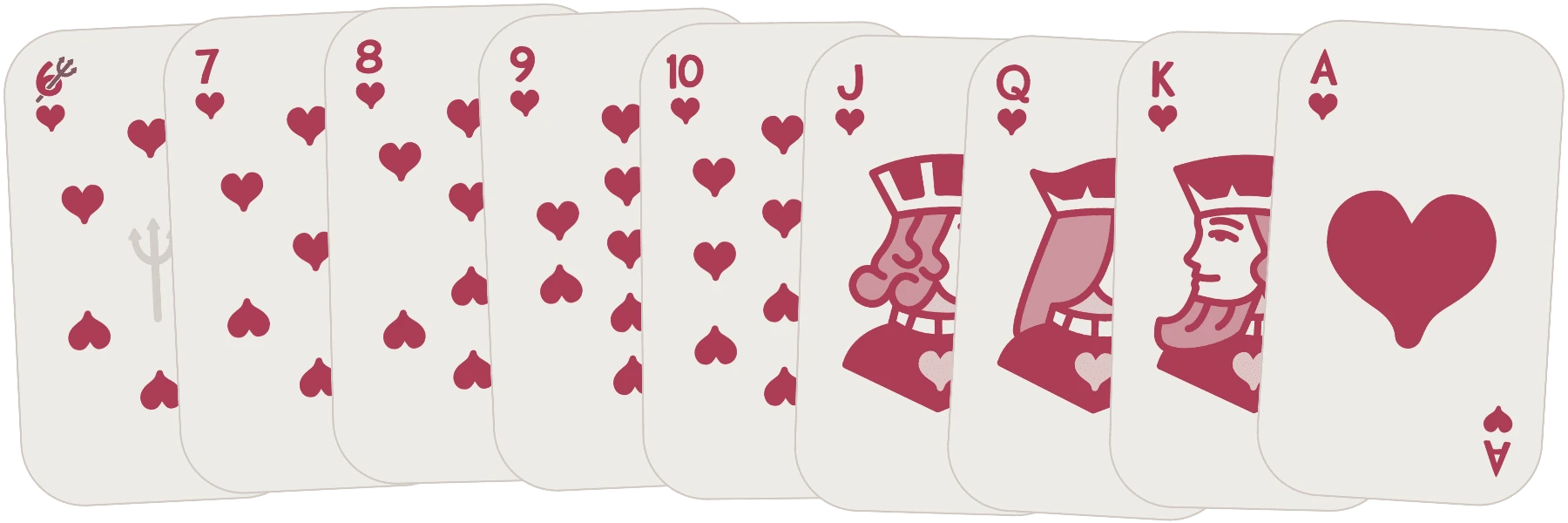 A spread of all heart cards: 6 of hearts through ace of hearts.