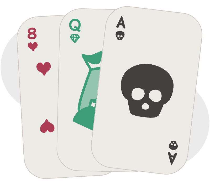 3 cards: the 8 of hearts, queen of gems, and ace of skulls