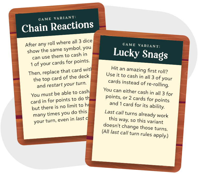 The 2 variant cards: 1 showing the rules to Chain Reactions, the other showing the rules to Lucky Snags.