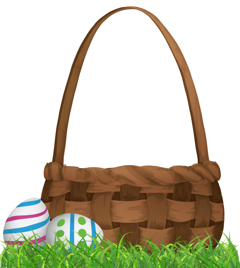 An empty wicker basket, with painted eggs leaning against it.