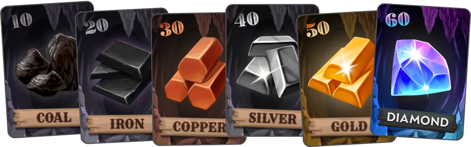 Coal, iron, copper, silver, gold, and diamond cards