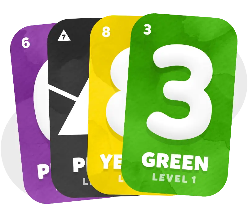 A hand of cards, featuring a purple 6, a prism (worth 7), a Sun, a green 3, and a blue 1.