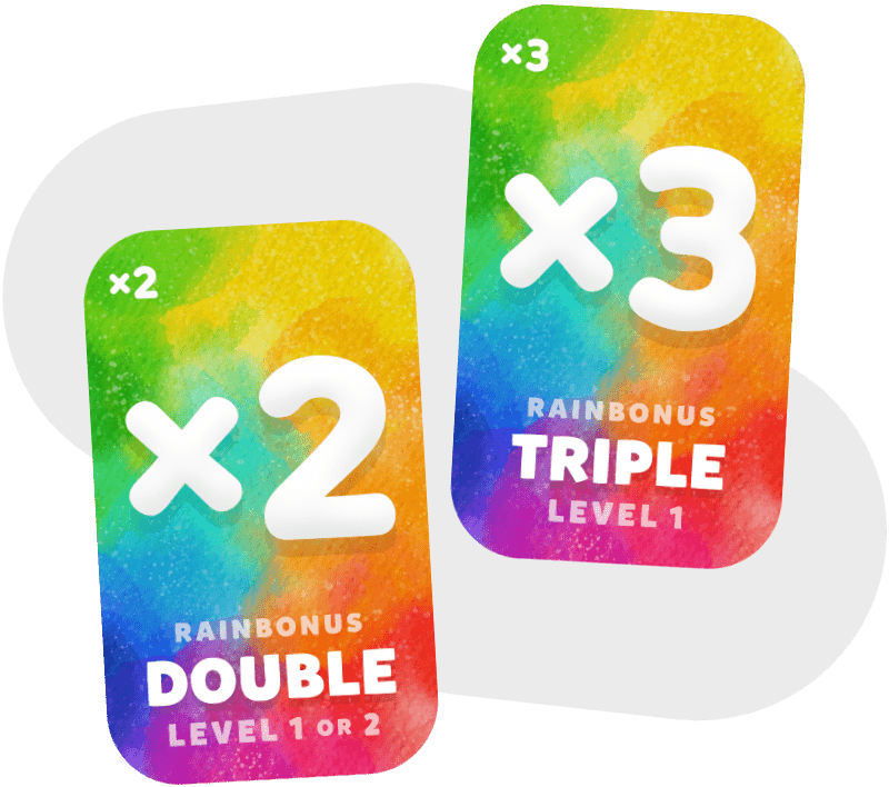 Two Rainbonus cards: one is a times-2 card that reads 'Double, level 1 or 2,' the other is a times-2 card that reads 'Triple, level 1.'