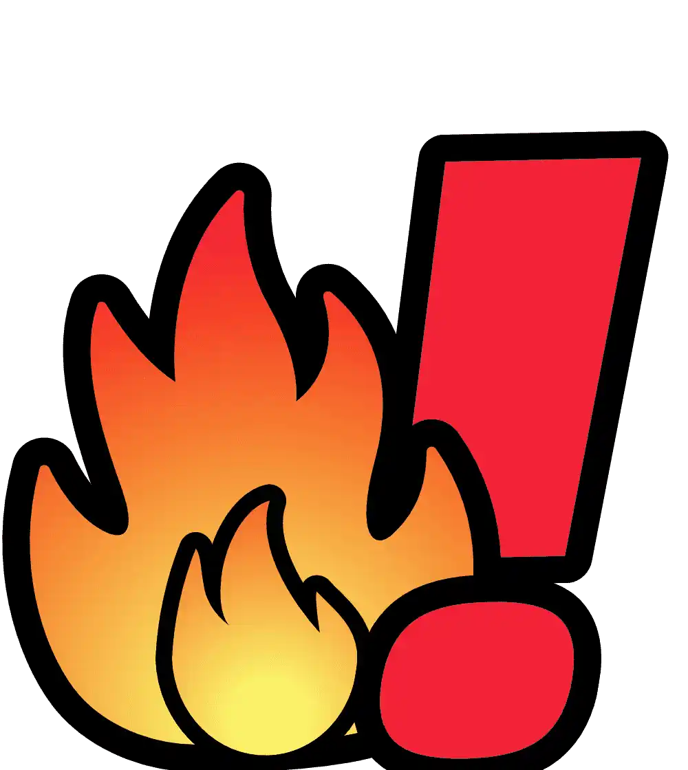 A yellow, orange, and red flame next to a red exclamation point.