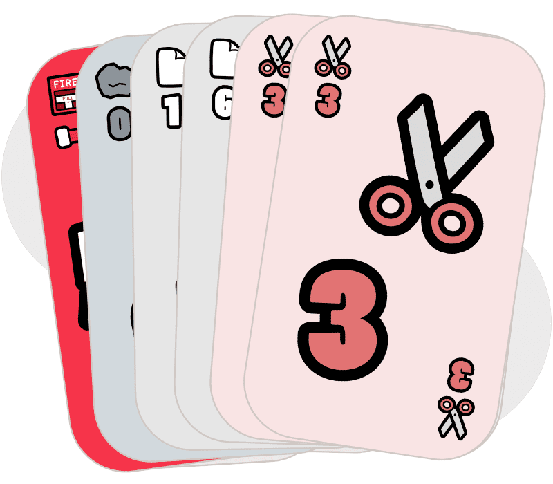 6 cards: a fire alarm, a 0-value rock, a 1-value paper, a 6-value paper, and 2 3-value scissors.