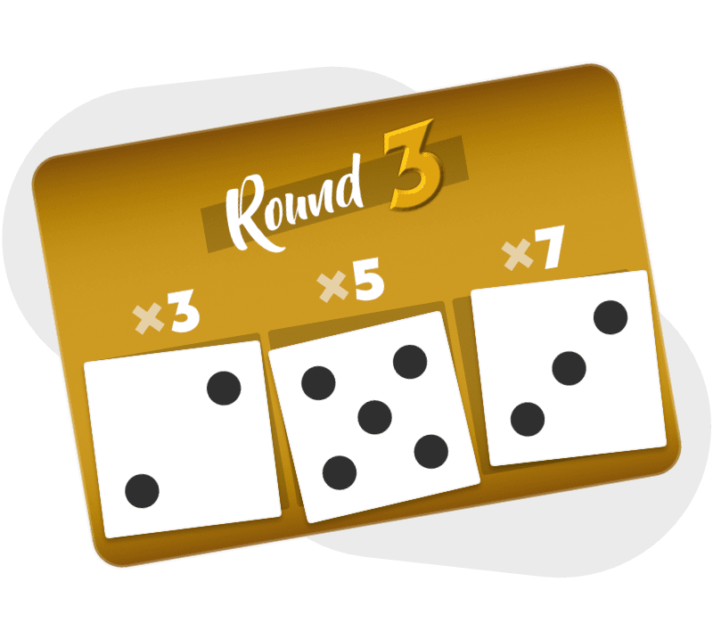 The Round 3 prize card, showing die 2 scoring 3 points each, die 5 scoring 5 points each, and die 3 scoring 7 points each.