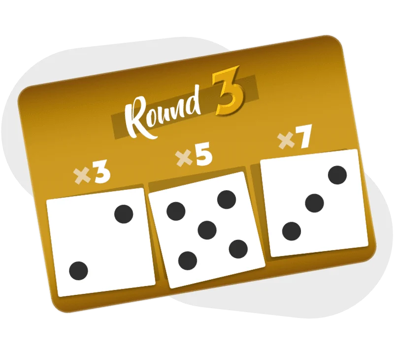 The Round 3 prize card, showing die 2 scoring 3 points each, die 5 scoring 5 points each, and die 3 scoring 7 points each.